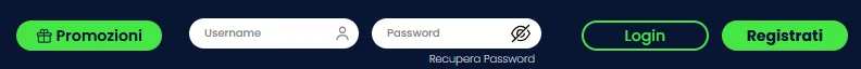 Pulsanti Casino Mania login e registrazione nell'header, posizionati nell'angolo in alto a destra accanto ai selettori di lingua, visibili sia su desktop che su browser mobile