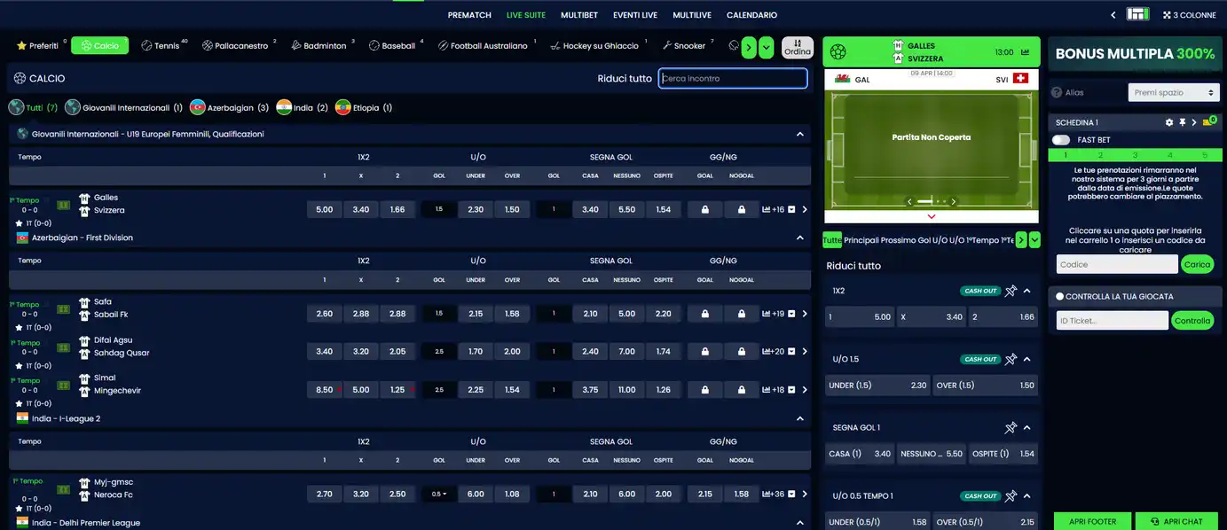 Interfaccia scommesse in-play CasinoMania con casino mania quote live aggiornate in tempo reale, costruttore parlay multi-evento, funzione cash-out anticipato e rendimento calcolato automaticamente