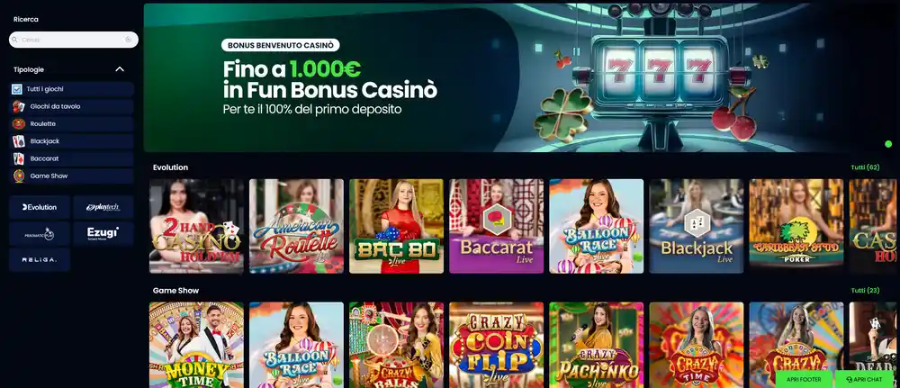 Sala live CasinoMania con tavoli Evolution Gaming trasmessi in HD, dealer italiani in tempo reale, roulette e blackjack attivi 24/7 con chat integrata e limiti di puntata visibili
