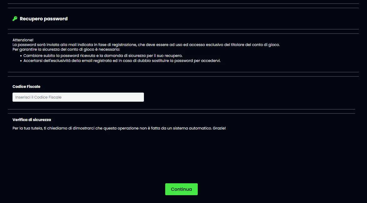 Pagina casino mania recupero password con collegamento Password dimenticata, scelta ripristino via email o SMS, campo di inserimento codice verifica e modulo nuova password