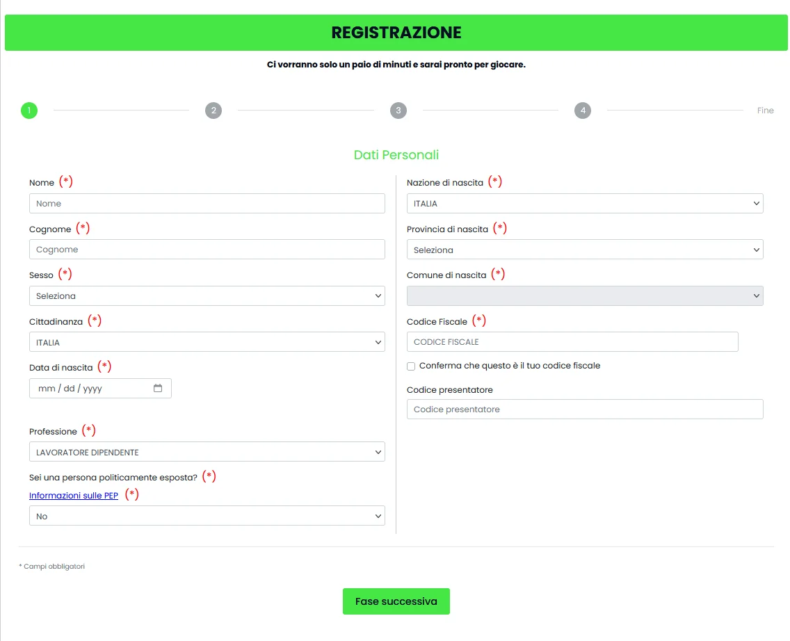 Flusso di casino mania registrazione in 8 passaggi: inserimento email, password, nome, data di nascita, codice fiscale, indirizzo italiano, accettazione termini e caricamento documento per KYC
