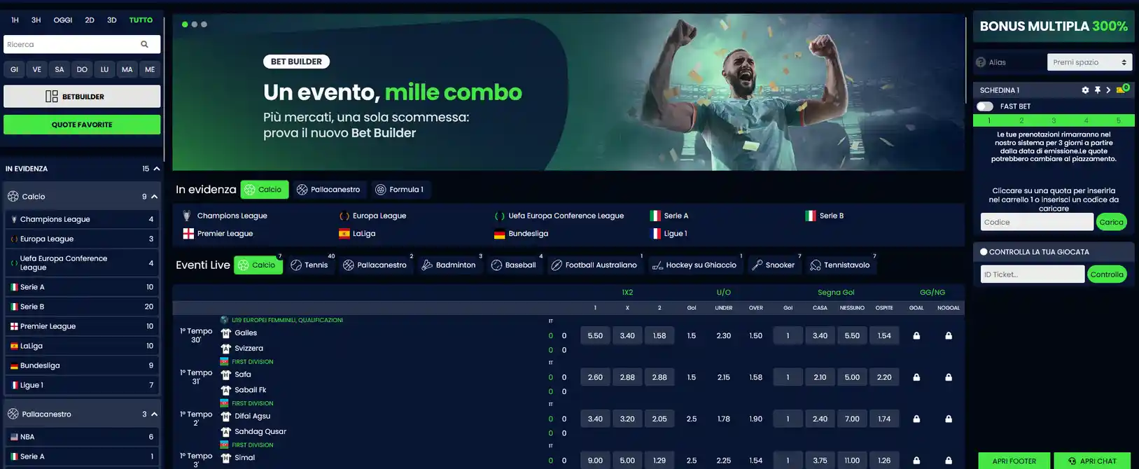 Pagina sportsbook Casino Mania con copertura di Serie A, campionati europei, basket EuroLeague, tennis Grand Slam e ippica — mercati prematch disponibili fino a 14 giorni prima dell'evento